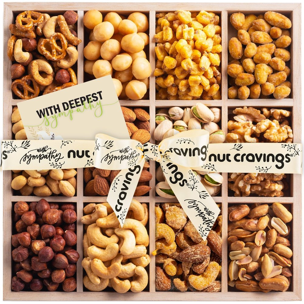 NUT CRAVINGS Gourmet Collection - Sympathy Condolence, Nuts Gift Basket with Sympathy Ribbon + Greeting Card in Reusable Wooden Tray (12 Assortments) Food Platter Healthy Snack Care Package