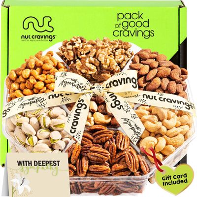 NUT CRAVINGS - Sympathy Condolence, Mixed Nuts Gift Basket with Sympathy Ribbon + Greeting Card (7 Assortments) Food Platter, Healthy Snack Care Package, Food Assortments