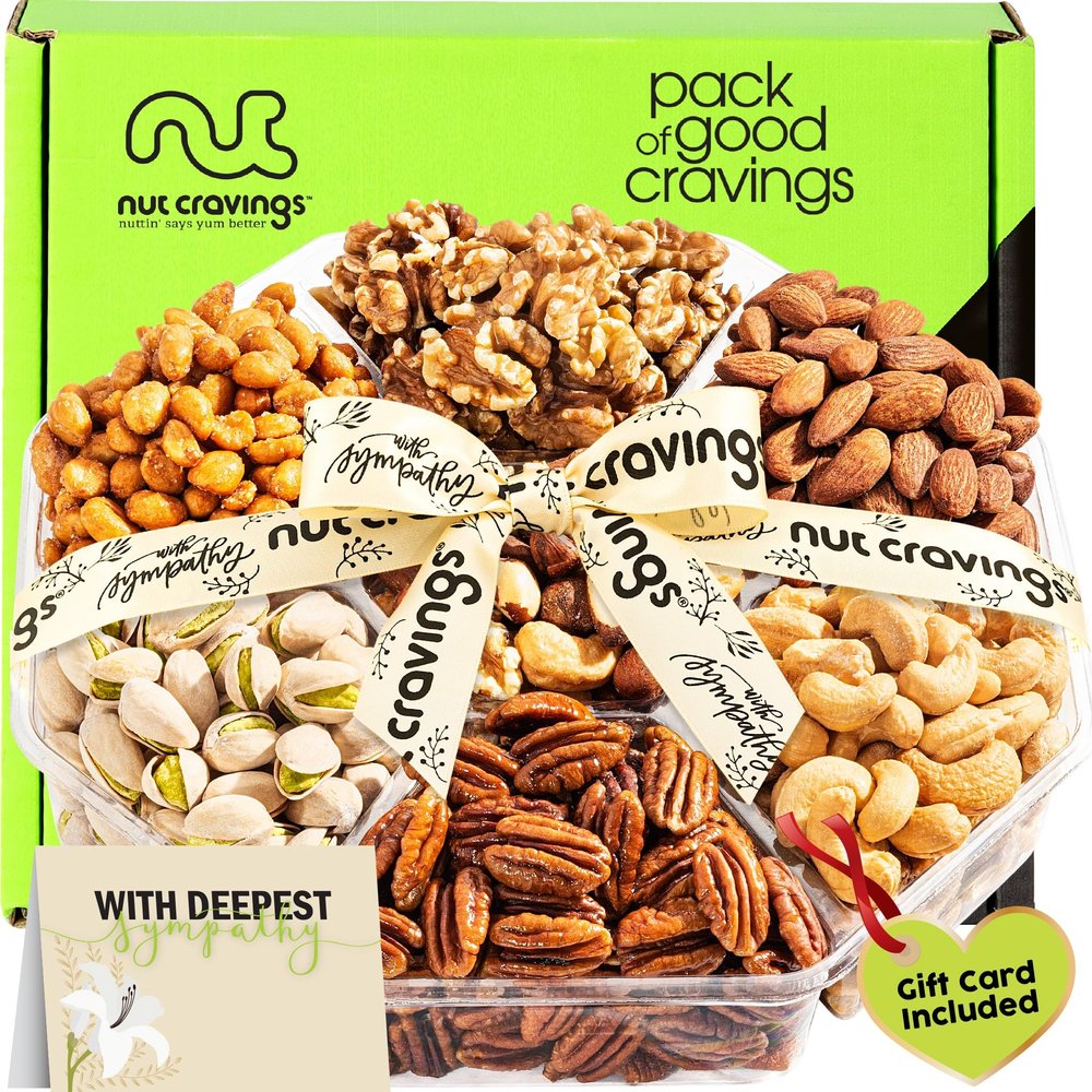 NUT CRAVINGS - Sympathy Condolence, Mixed Nuts Gift Basket with Sympathy Ribbon + Greeting Card (7 Assortments) Food Platter, Healthy Snack Care Package, Food Assortments