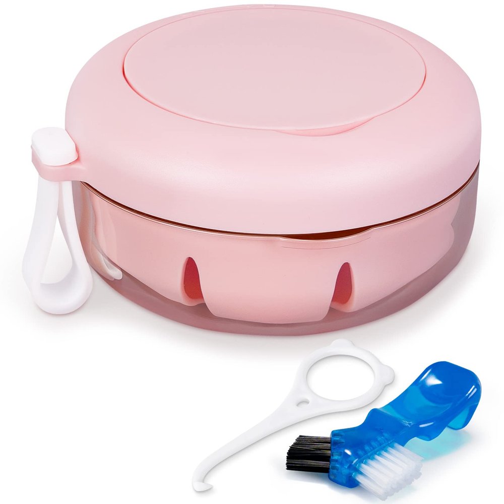 Netceem Leak Proof Denture Cup Kit Portable Retainer Case Perfect for Travel, Denture Case Container Cleaning Care for Dentures Aligner Mouth Guard with Denture Brush,Strainer, Removal Tool and Mirror