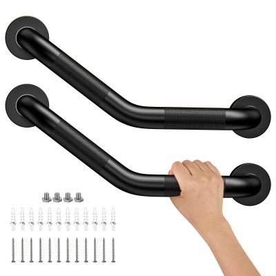 16 Inch Angled Shower Grab Bar Black, Munzong 2 Pack Anti Slip Bathroom Grab Bar, Knurled Bathroom Balance Bar,Safety Hand Rail Support Handicap Elderly Injury Senior Assist Bath Handle-1.25 Tube