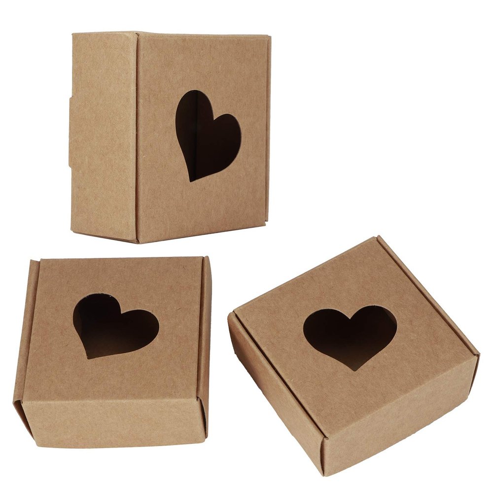 plplaaoo 50Pcs Kraft Gift Boxes for Presents,Heart Pattern Packing Box,Small Bulk Gift Box Perfect Packaging for Hand? Made Soap, Candy, Cupcake, Jewelry, Birthday, Wedding Favor (2.6x2.6x1.2in)