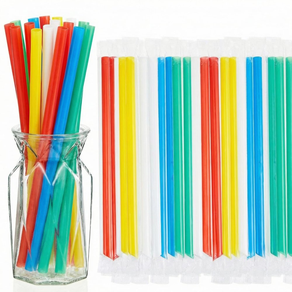 Tessco for you 600 Pcs 9.84 Inch Jumbo Smoothie Straws Bulk 10 mm Large Plastic Disposable Bubble Tea Straws Wide-Mouthed Individually Wrapped for Tall Homemade Milkshakes Drinking (Bright Color)