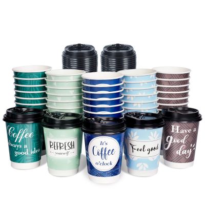 Bapmnicc Disposable Coffee Cups with Lids 12 oz, 50 Pack Double-Walled Paper Coffee Cups with Fun Designs, Insulated Hot Beverage Paper Cups for Cold & Hot Drinks