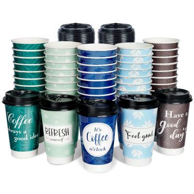 Bapmnicc Disposable Coffee Cups with Lids 16 oz, 50 Pack Double-Walled Fun Designs, Insulated, Hot Beverage Paper Cups for Cold & Hot Drinks