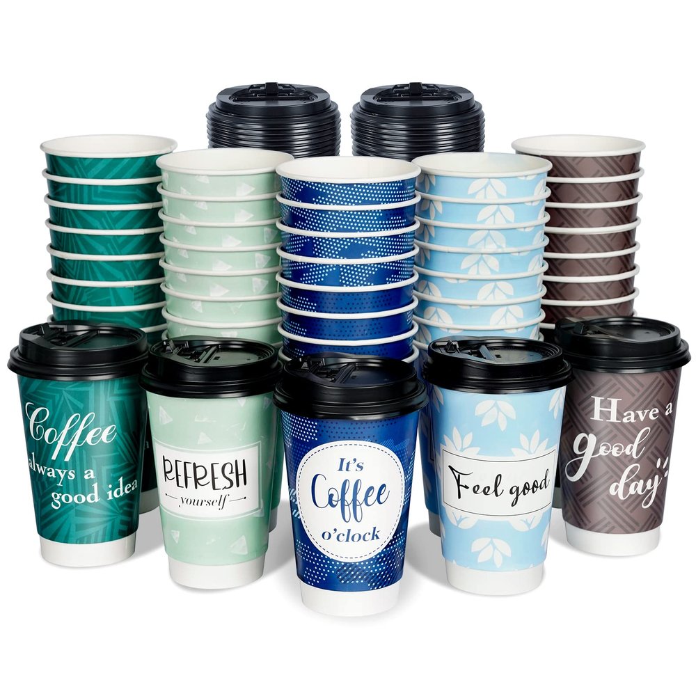 Bapmnicc Disposable Coffee Cups with Lids 16 oz, 50 Pack Double-Walled Fun Designs, Insulated, Hot Beverage Paper Cups for Cold & Hot Drinks