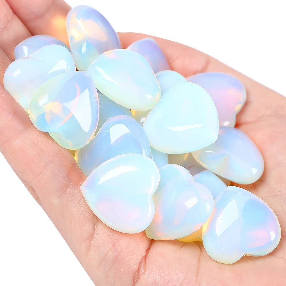 10 PCS Opalite Heart Crystals Thicken Stones Love Heart Shaped Healing Crystal Natural Stone Palm Moonstone Gemstones Set Reiki Energy Balancing Carved Palm Worry Stone Meditation Gift Stocking Stuffers for Women