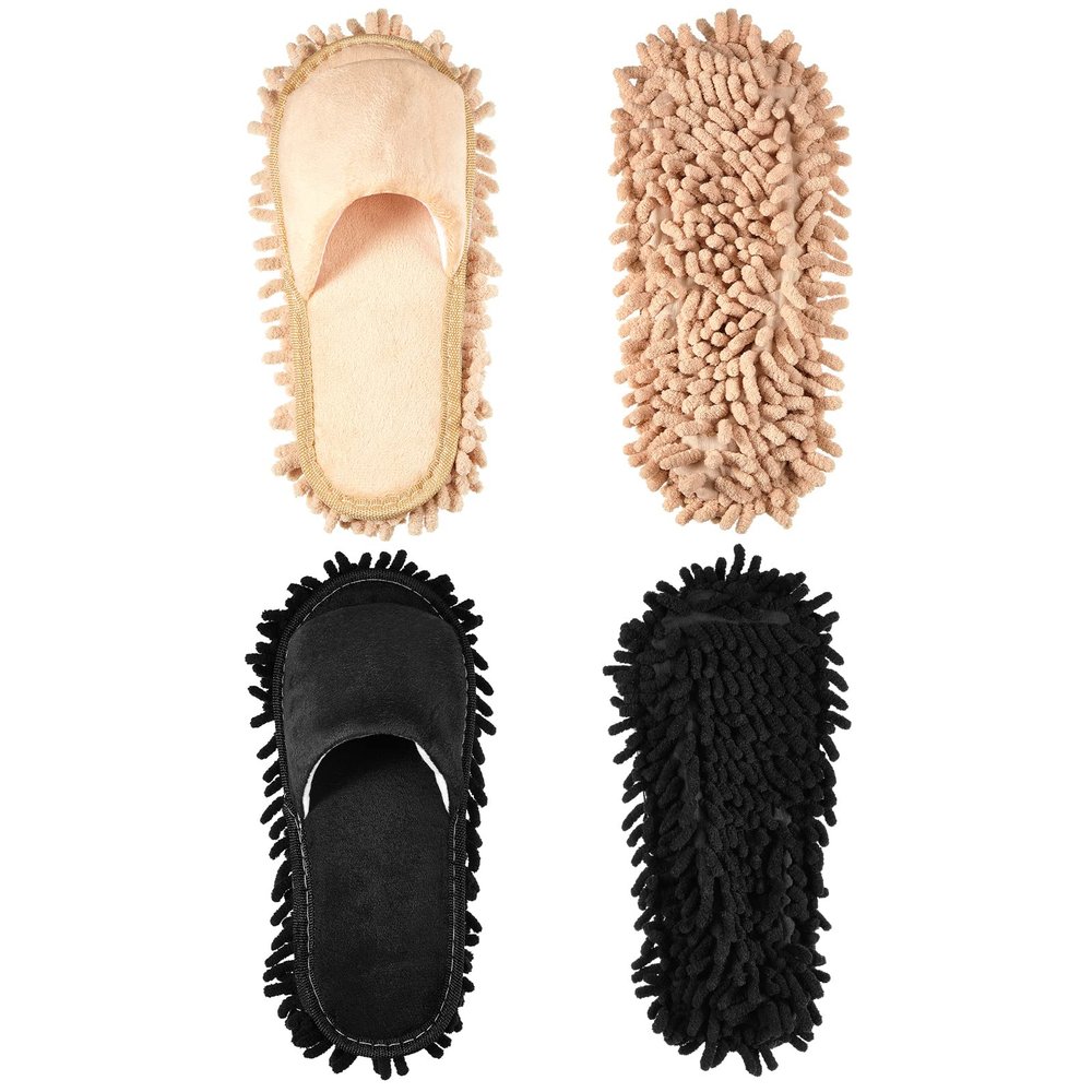 Jecery 2 Pairs Microfiber Cleaning Mop Slippers for Floor Cleaning House Mop Shoes Men and Women Washable Unisex Dusting Slippers Dirt Tool Supplies(Medium,Black, Beige)