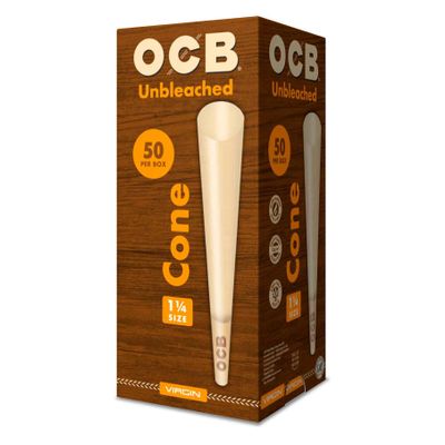 OCB Virgin Unbleached Pre-Rolled Rolling Paper Cones 1-1/4 (84mm) Size - 50 Cones