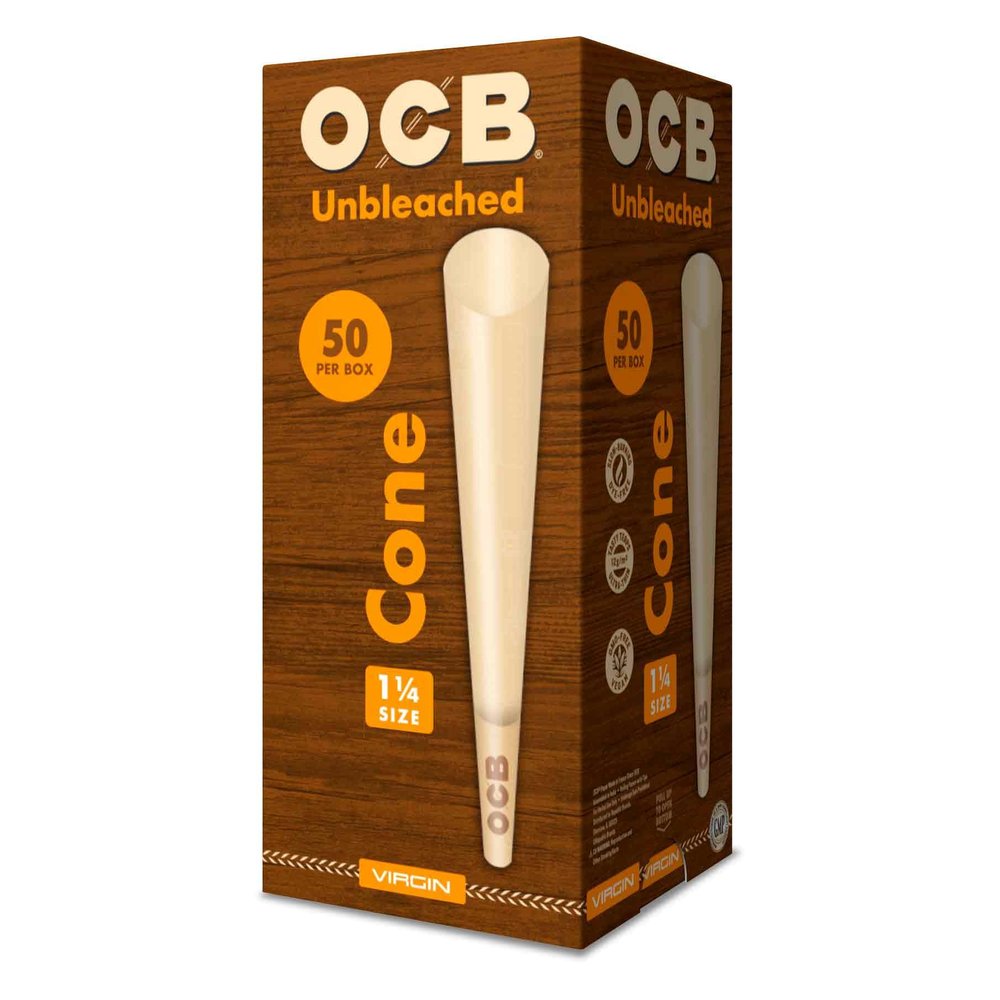 OCB Virgin Unbleached Pre-Rolled Rolling Paper Cones 1-1/4 (84mm) Size - 50 Cones