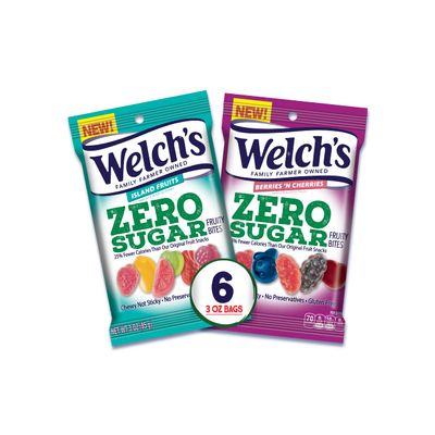 Welchs Zero Sugar Fruity Bites, Variety Fruit Snacks Pack with Berries 'N Cherries & Island Fruit, Gluten Free, 3 oz (Pack of 6)