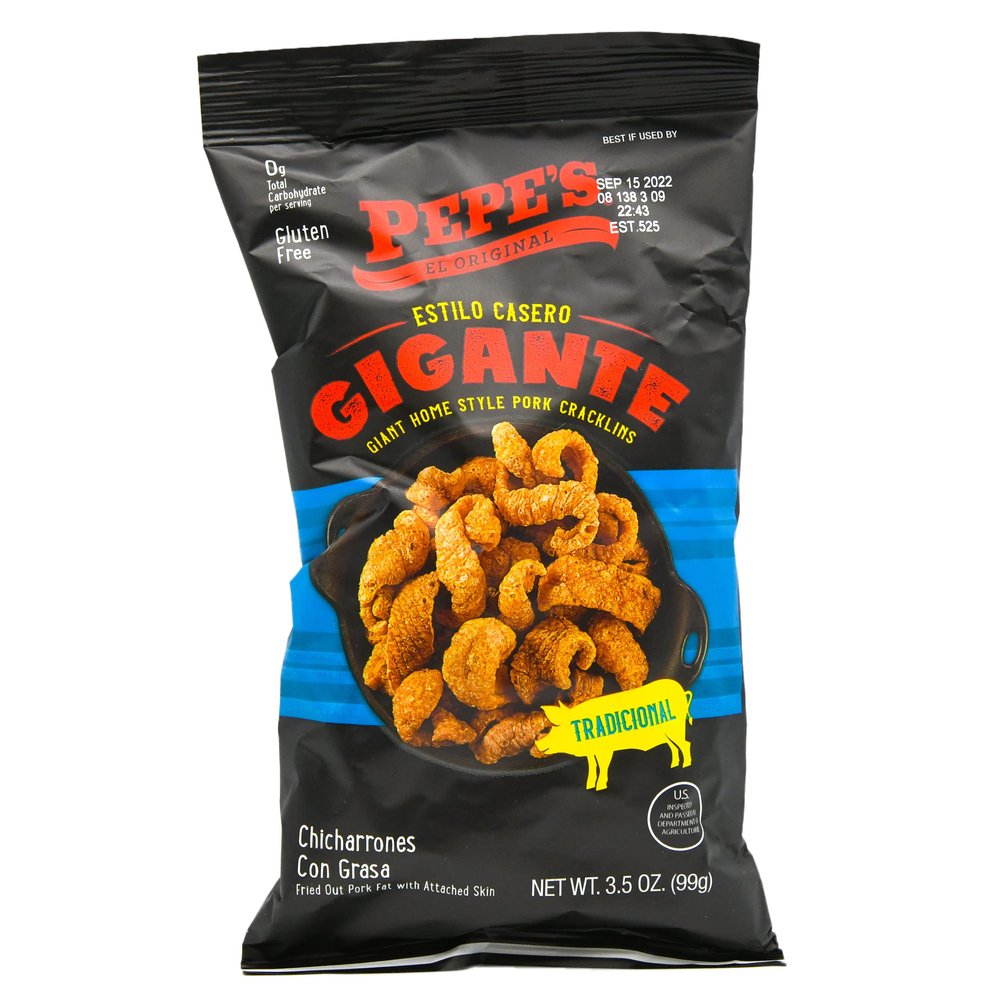 Pepe's Tradicional Pork Rinds 'Estilo Casero Gigante Chicharrones Con Grasa' Giant Homestyle Cracklins 3.5 Ounces (1 Pack)
