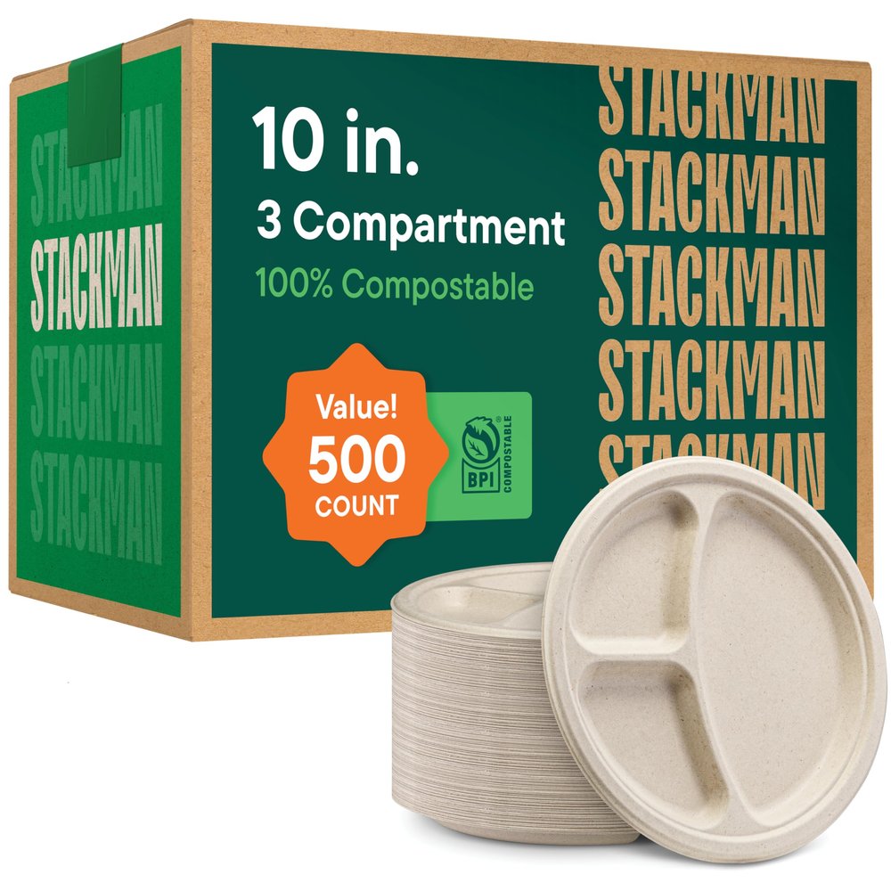 100% Compostable Paper Plates 10 Inch Bulk [500 Count] Heavy-Duty Dinner Plates with Compartments - Natural Brown Color Bagasse - Eco-Friendly Disposable Biodegradable Sugarcane - [Case 4/125 Pack]