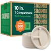 100% Compostable Paper Plates 10 Inch Bulk [500 Count] Heavy-Duty Dinner Plates with Compartments - Natural Brown Color Bagasse - Eco-Friendly Disposable Biodegradable Sugarcane - [Case 4/125 Pack] view 1