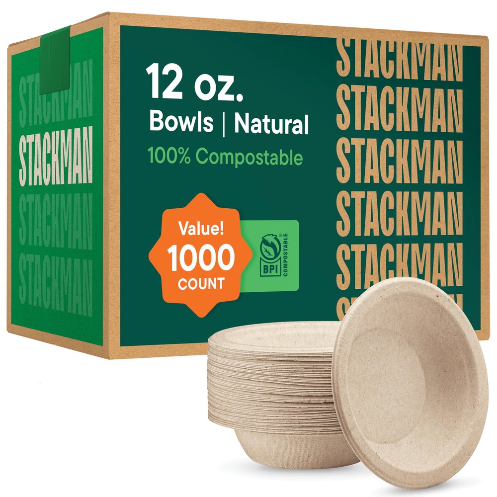 100% Compostable Paper Bowls 12 oz. [1000 Count] Heavy-Duty Soup Bowls - Natural Brown Color Unbleached Bagasse Bowls - Eco-Friendly Disposable Biodegradable Sugarcane - [Bulk Case 8 x 125 Pack]