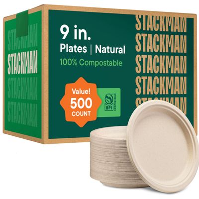 100% Compostable Paper Plates 9 Inch [500 Count] Heavy-Duty Dinner Plates - Natural Brown Color Unbleached Bagasse - Eco-Friendly Disposable Biodegradable Sugarcane Plates - [Bulk Case 4 x 125 Pack]