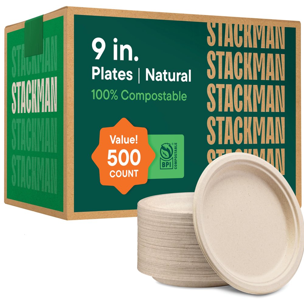 100% Compostable Paper Plates 9 Inch [500 Count] Heavy-Duty Dinner Plates - Natural Brown Color Unbleached Bagasse - Eco-Friendly Disposable Biodegradable Sugarcane Plates - [Bulk Case 4 x 125 Pack]