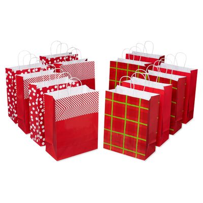 American Greetings 13'' Large Red Gift Bags, Stripes, Polka Dots and Plaid (12 Bags)