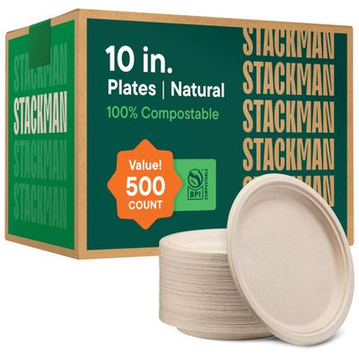 100% Compostable Paper Plates 10 Inch Bulk [500 Count] Heavy-Duty Dinner Plates - Natural Brown Color Unbleached Bagasse - Eco-Friendly Disposable Biodegradable Sugarcane Plates - [Case 4/125 Pack]