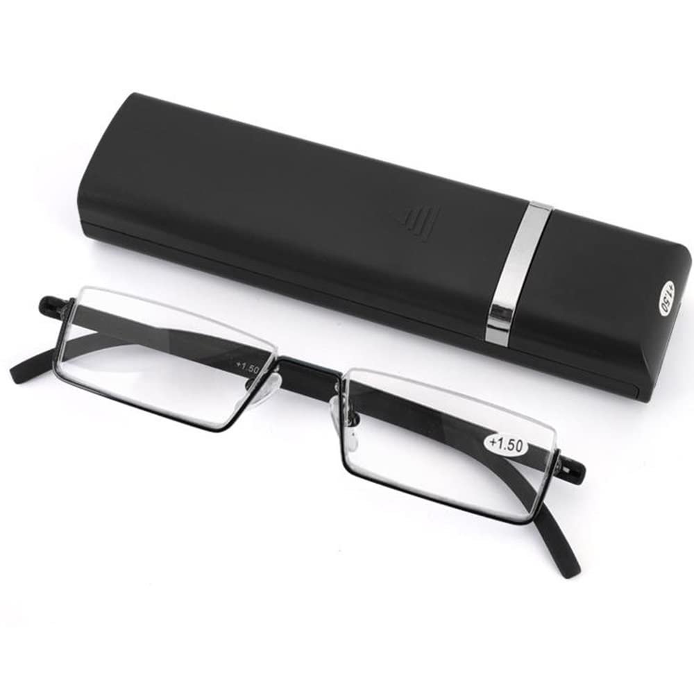 LKP 2 Pack Half Moon Metal Reading Glasses Rectangle Glasses For Men Women Half Presbyopic Readers Anti-Blue Light +3.00(Black,+2.00)