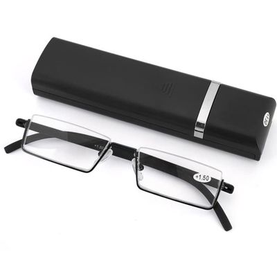 LKP 2 Pack Half Moon Metal Reading Glasses Rectangle Glasses For Men Women Half Presbyopic Readers Anti-Blue Light +3.00(Black,+1.00)