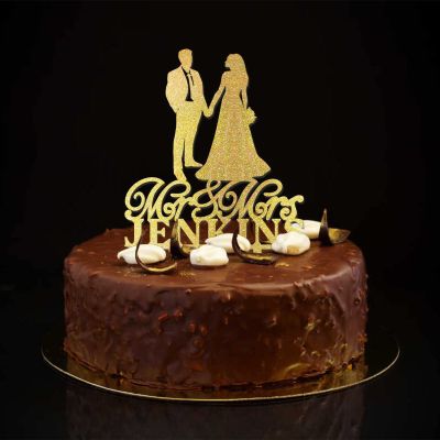 Funny Mr & Mrs Silhouette Cake Toppers Silhouette Bride & Groom Cake Toppers Customize Family Name Date For Engagement Bride to Be Cake Decorations Bridal Shower Gifts Glitter Gold