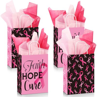 Pajean 16 Pcs Breast Cancer Awareness Gift Bags with Tissue Paper Pink Ribbon Favor Bags with Handles Faith Hope Cure Party Supplies for Women Public Charity