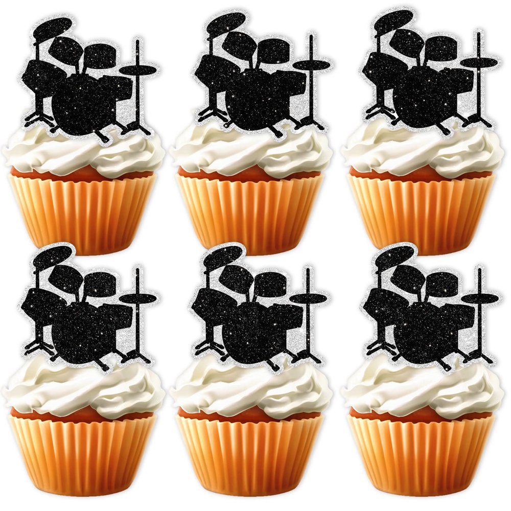 18pcs Drum Black Glitter Silhouettes Dessert Cupcake Topper Music Rock Roll Drummer Theme Decor Supplies Baby Shower Boys Girls Happy Birthday Party Decorations