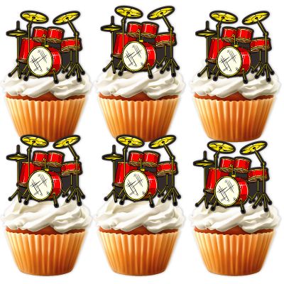 18pcs Drum Red Glitter Dessert Cupcake Topper Music Rock Roll Drummer Theme Decor Supplies Baby Shower Boys Girls Happy Birthday Party Decorations