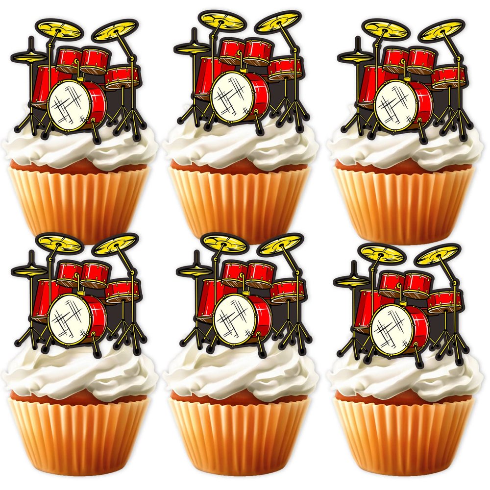 18pcs Drum Red Glitter Dessert Cupcake Topper Music Rock Roll Drummer Theme Decor Supplies Baby Shower Boys Girls Happy Birthday Party Decorations