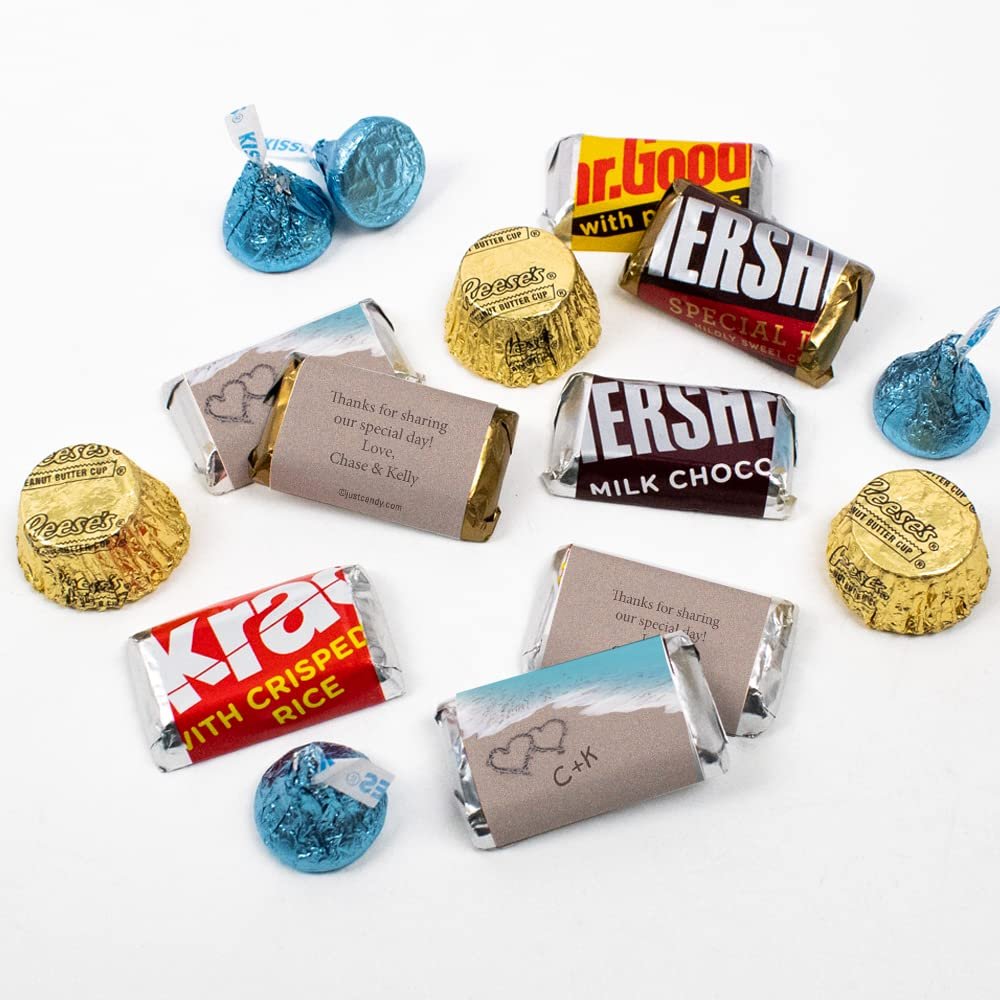 200pcs Personalized Wedding Candy Kit, Chocolate Party Favors for Guests, Candy Buffet Supplies (Custom Wrapped Miniatures, Kisses, Peanut Butter Cups) - Beach Design