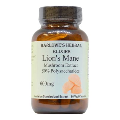 Barlowe's Herbal Elixirs Lion's Mane Mushroom Extract | Cognition and Focus Supplement | Brain Health Support | 50% Polysaccharides | 600mg per Capsule | 60 Veggie Capsules | Bottled in Glass