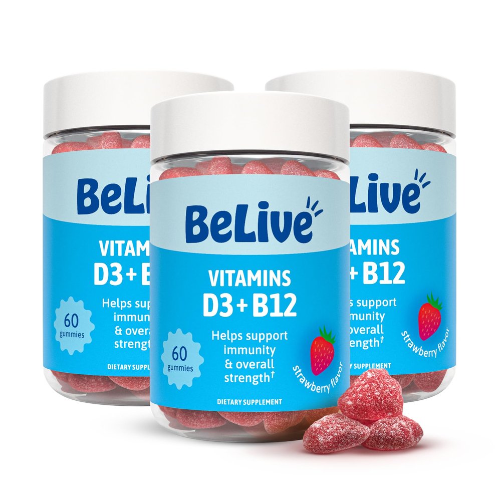 BeLive Vitamin D3 Gummies with B12 Vitamins - Immune Support Gummies with Vegan Vitamin B12 & D3, Provides Enhanced Bone & Muscle Strength, Hearth Health and Energy - Strawberry Flavor | 3-Pack