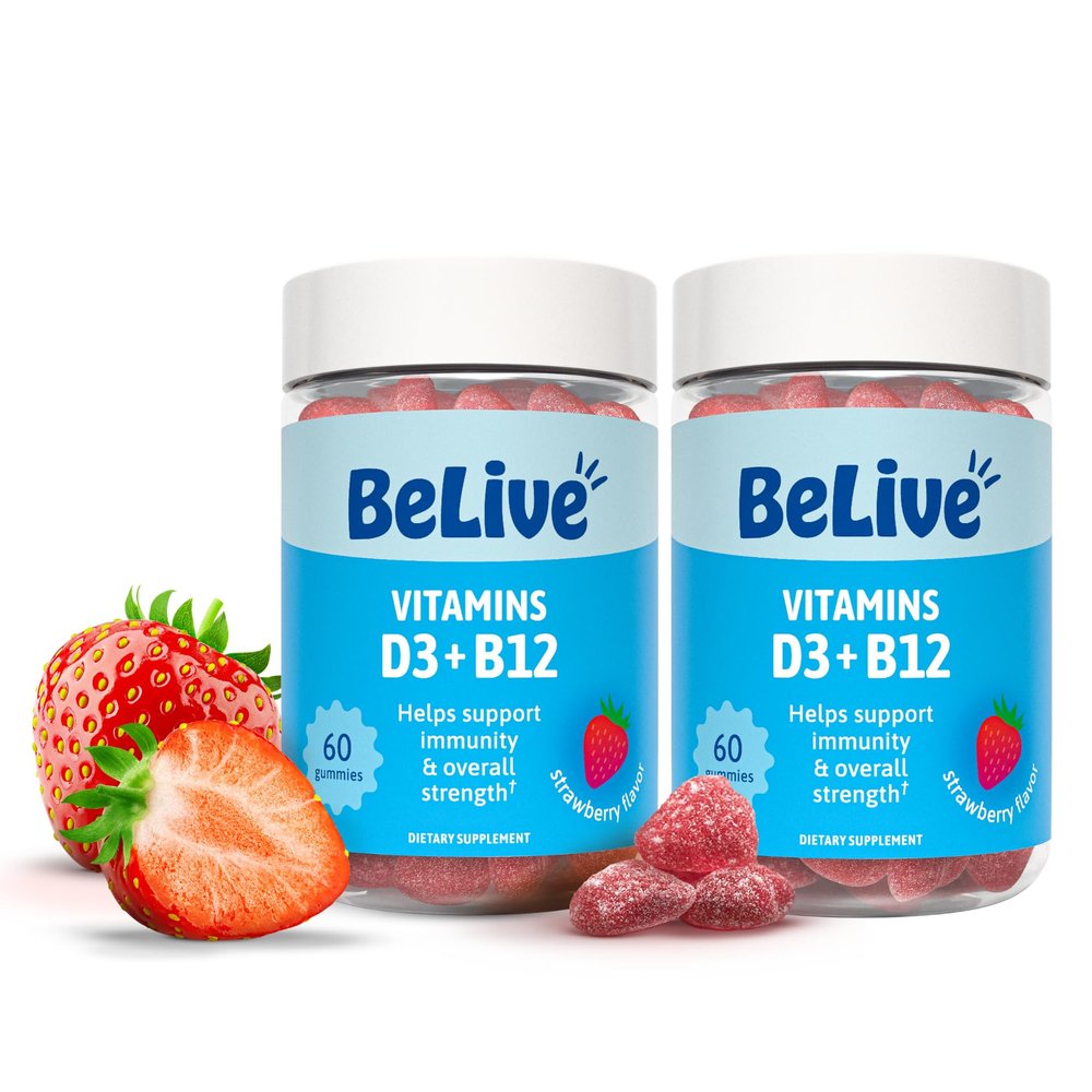 BeLive Vitamin D3 Gummies with B12 Vitamins - Immune Support Gummies with Vegan Vitamin B12 & D3, Provides Enhanced Bone & Muscle Strength, Hearth Health and Energy - Strawberry Flavor | 2-Pack