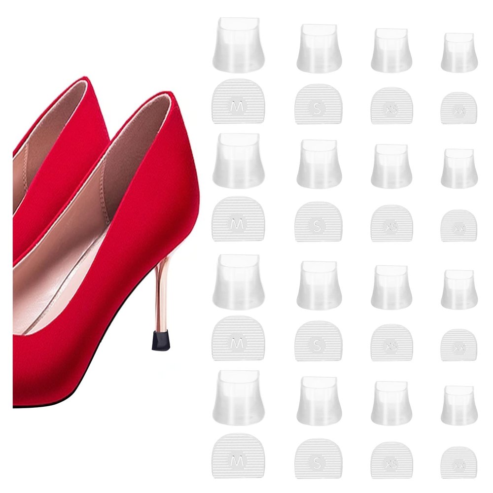 16 Pairs High Heel Protectors Stiletto Repair Caps & Stoppers - 4 Sizes Tip Covers, Noise Reducing, Slip-On Caps (Clear)