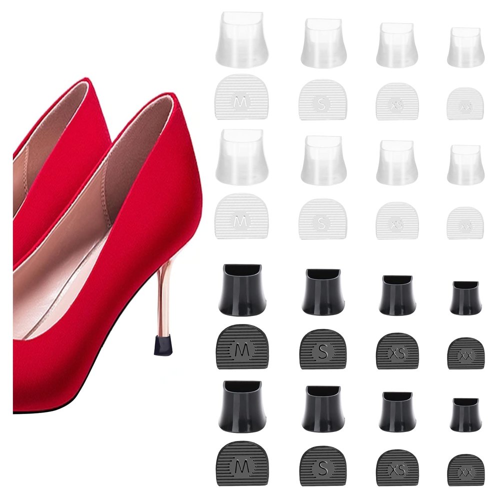 16Pairs High Heel Protectors Stiletto Heel Repair Caps Covers & Heel Stoppers 4 Sizes High Heel Tip Covers, Noise Reducing, Slip-On Caps (8 Pairs Clear / 8 Pairs Black)
