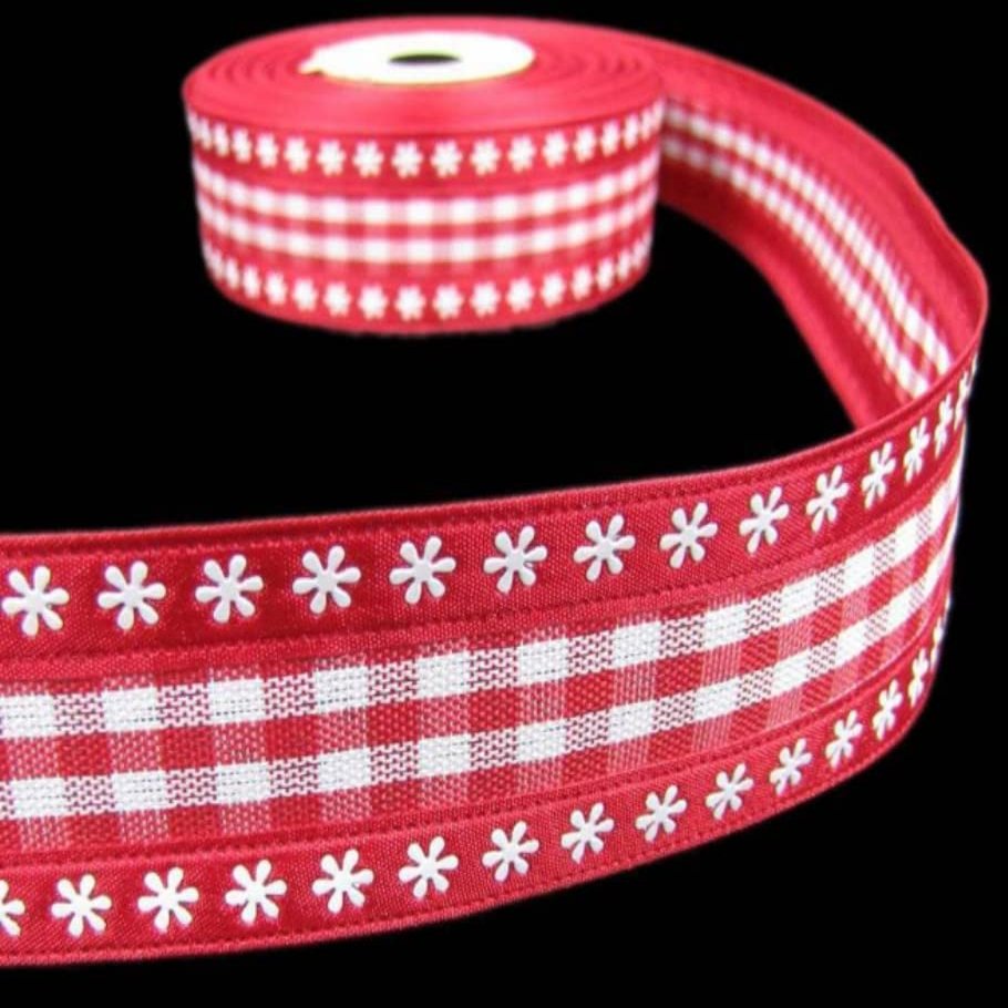 1 Pcs 1 1/2"W Flower Gingham Plaid Wired Ribbon Red Color 10 Yards, Ribbon for Gift Wrapping | #AA120RK