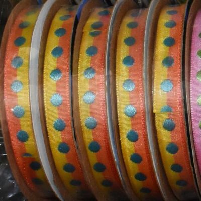 1 Pcs 3/8"W Woven Polka Dot Ribbon Spool Orange Yellow Teal Blue Color 4 Yards, Ribbon for Gift Wrapping | #AA120RK