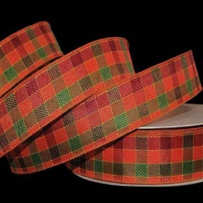 1 Pcs 1 1/2"W Gingham Plaid Wired Ribbon Green Orange Red Yellow Color 5 Yards, Ribbon for Gift Wrapping | #AA120RK