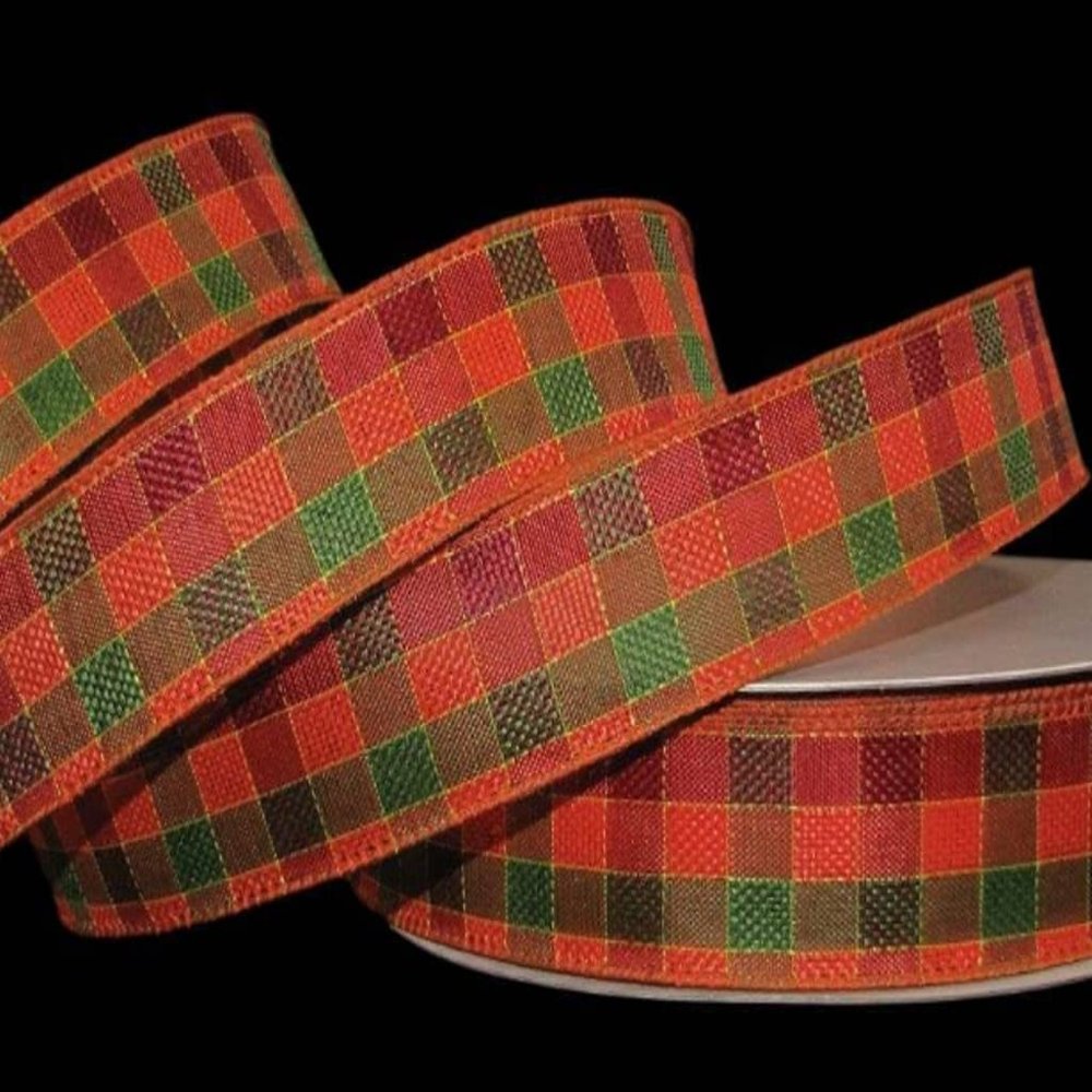1 Pcs 1 1/2"W Gingham Plaid Wired Ribbon Green Orange Red Yellow Color 5 Yards, Ribbon for Gift Wrapping | #AA120RK