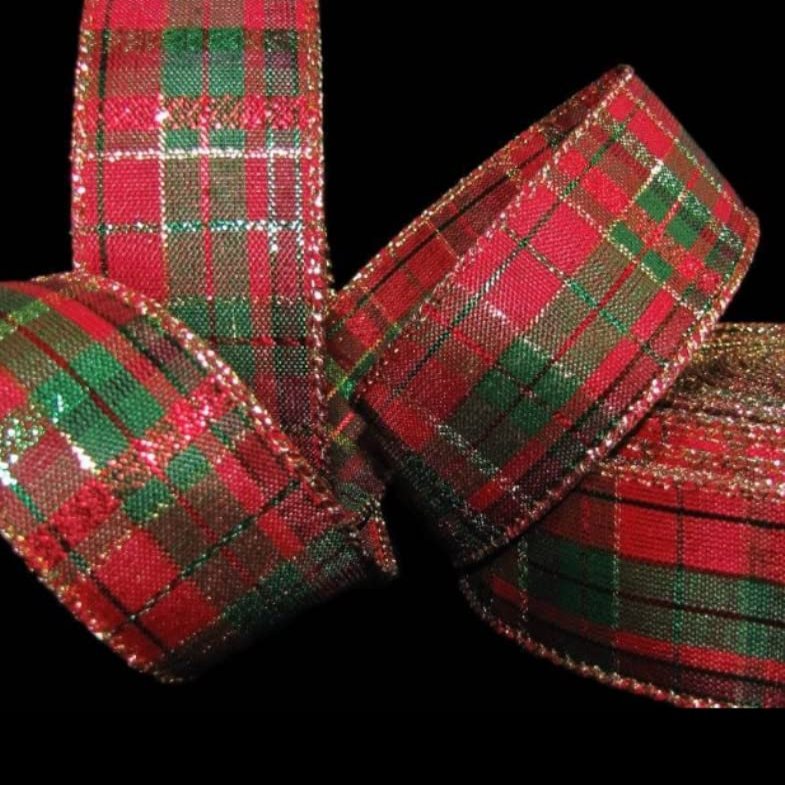 1 Pcs 1 1/2"W Plaid Wired Ribbon Red Green Gold Color 5 Yards, Ribbon for Gift Wrapping | #AA120RK