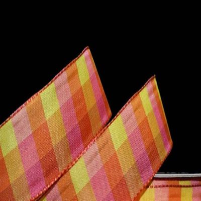 1 Pcs 1 1/2"W Plaid Wired Ribbon Orange Pink Yellow Color 5 Yards, Ribbon for Gift Wrapping | #AA120RK