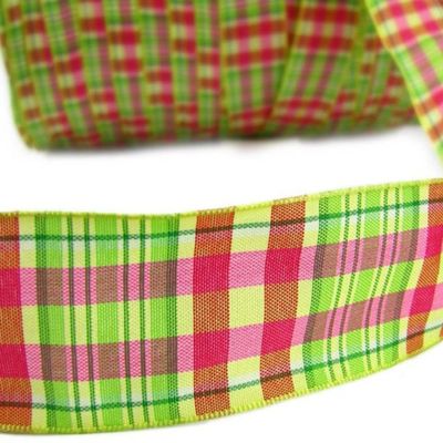 1 Pcs 1 1/2"W Plaid Wired Ribbon Pink Green Yellow Color 5 Yards, Ribbon for Gift Wrapping | #AA120RK
