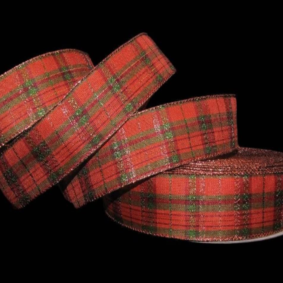 1 Pcs 1 1/2"W Plaid Wired Ribbon Orange Green Little Red Copper Color 5 Yards, Ribbon for Gift Wrapping | #AA120RK