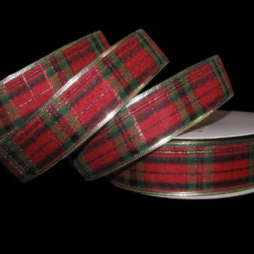 1 Pcs 1 1/2"W Plaid Wired Ribbon Red Green Gold Color 5 Yards, Ribbon for Gift Wrapping | #AA120RK