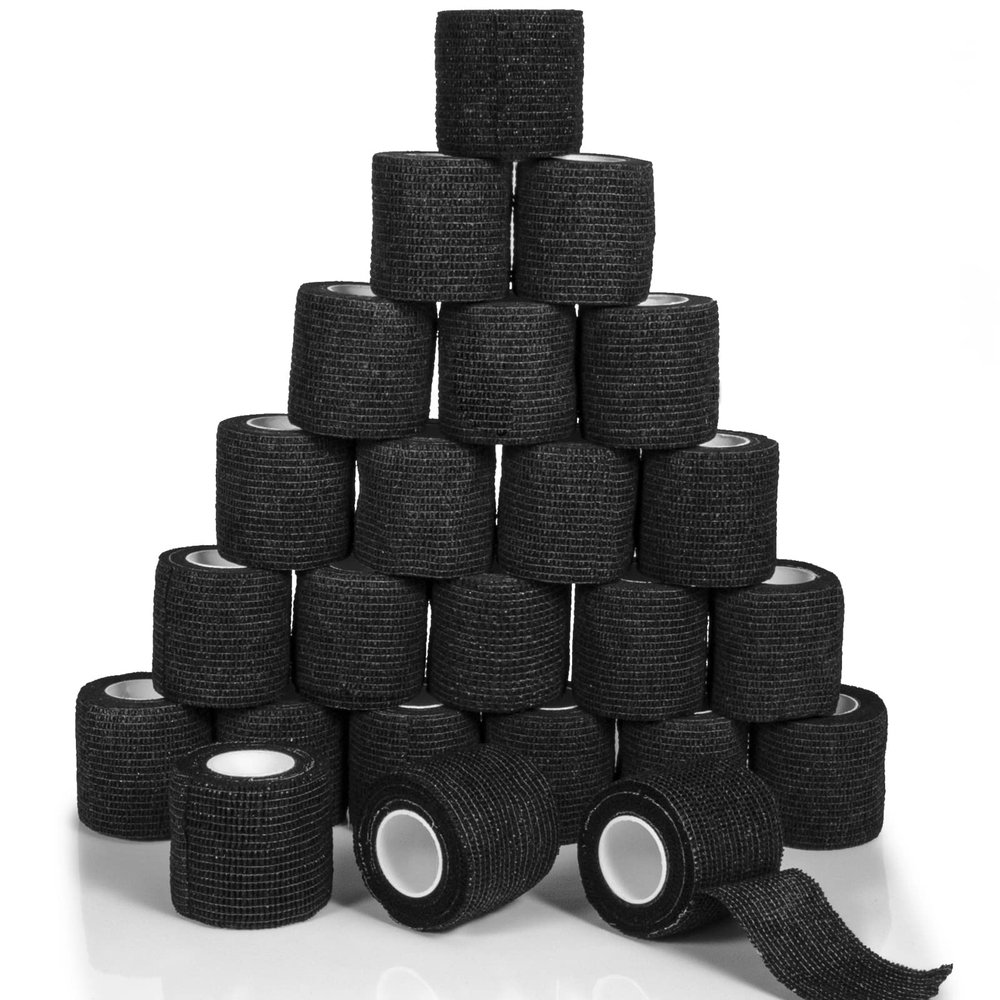 24 Pack Self Adherent Cohesive Bandage Wrap, 2 x 5 Yards Elastic Grip Tape Black Vet Wrap for Dogs, Athletic Bandages Wrap for First Aid Medical, Sports, Ankle, Wrist Sprains