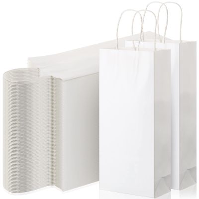 Yexiya 100 Pcs Paper Wine Bags Bulk with Handle Kraft Gifts Bags for Bottles Gifts Wedding Valentine's Day Birthday Housewarming Party (6 x 3 x 13 Inch,White)