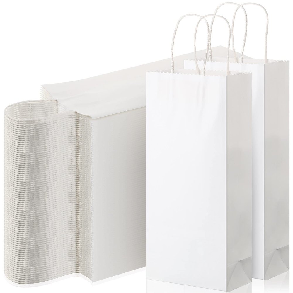 Yexiya 100 Pcs Paper Wine Bags Bulk with Handle Kraft Gifts Bags for Bottles Gifts Wedding Valentine's Day Birthday Housewarming Party (6 x 3 x 13 Inch,White)
