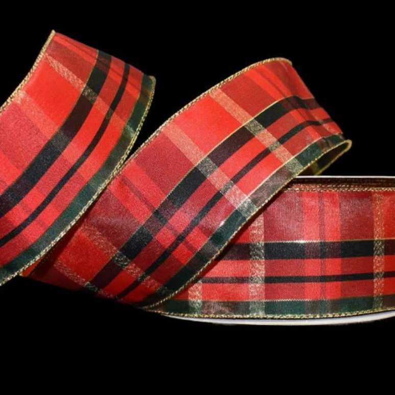 1 Pcs 2 1/2"W Plaid Wired Ribbon Bright Red Green Gold Color 5 Yards, Ribbon for Gift Wrapping | #AA120RK