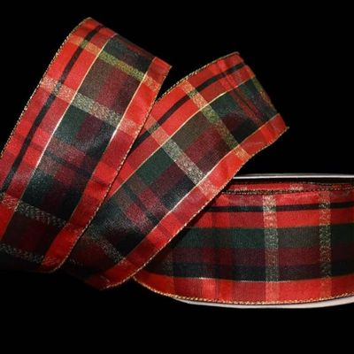 1 Pcs 2 1/2"W Plaid Wired Ribbon Red Green Gold Color 5 Yards, Ribbon for Gift Wrapping | #AA120RK